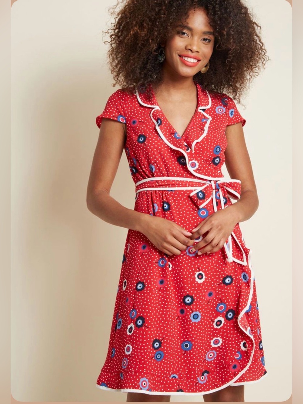 ModCloth Wrap Dress Size 1X Red Floral Dotted Daytime Dapper Ruffle Midi